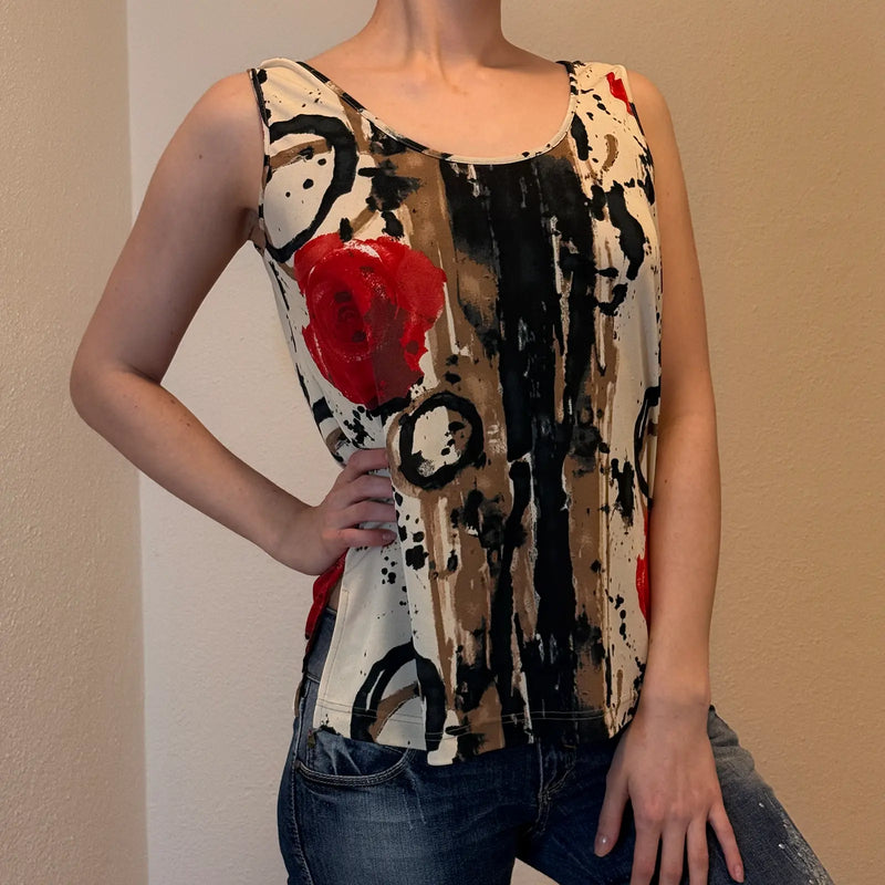Y2K Abstract Rose Print Tank Top – Sleeveless Artsy Floral Beige Red (S)