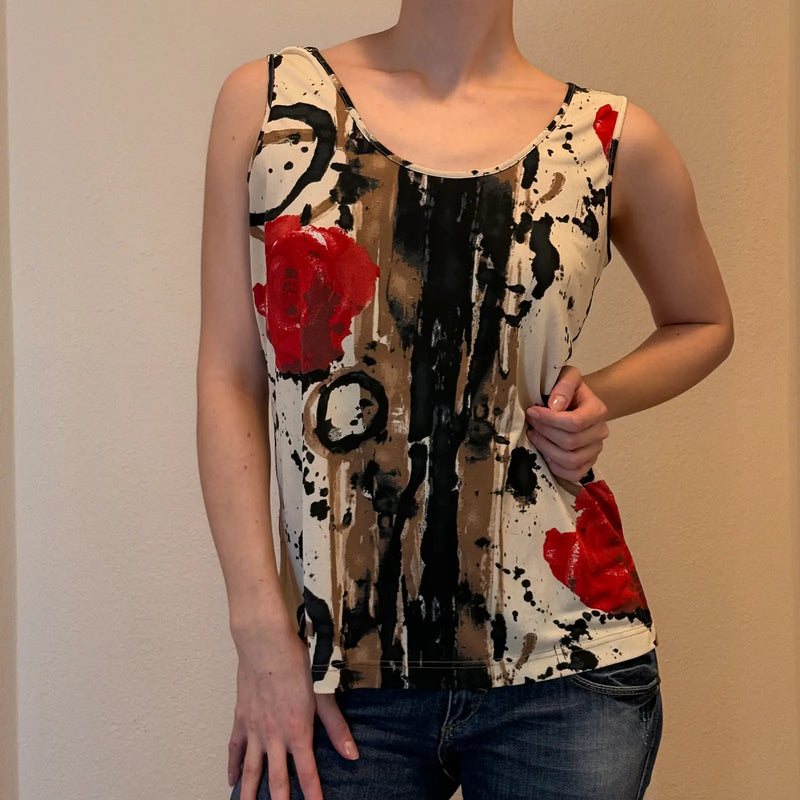 Y2K Abstract Rose Print Tank Top – Sleeveless Artsy Floral Beige Red (S)