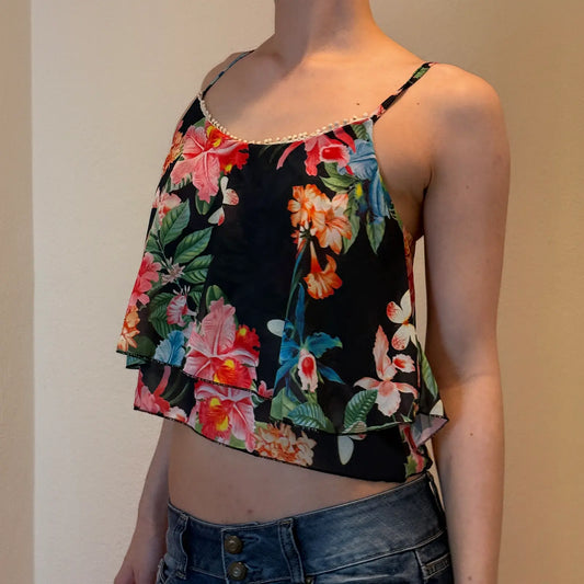 90s Tropical Floral Layered Crop Top – Sheer Summer Cami (S)