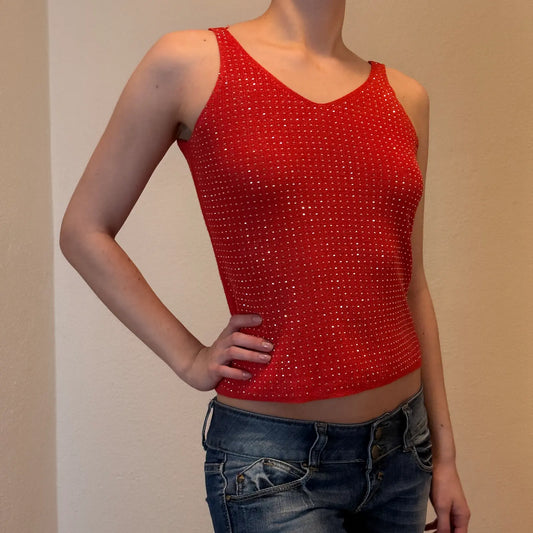 Y2K Red Rhinestone Tank Top – Shimmery Clubwear Party Cami (S)
