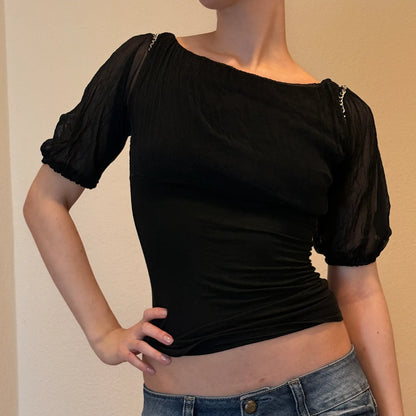 Y2K Black Puff Sleeve Top with Chain Shoulder Detail – Romantic Gothic (S)
