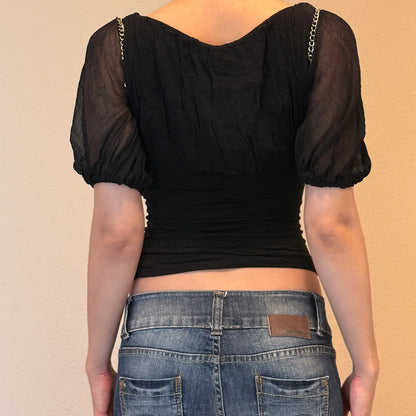 Y2K Black Puff Sleeve Top with Chain Shoulder Detail – Romantic Gothic (S)