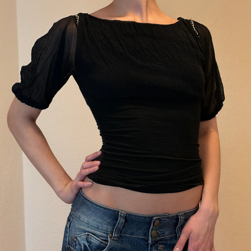 Y2K Black Puff Sleeve Top with Chain Shoulder Detail – Romantic Gothic (S)