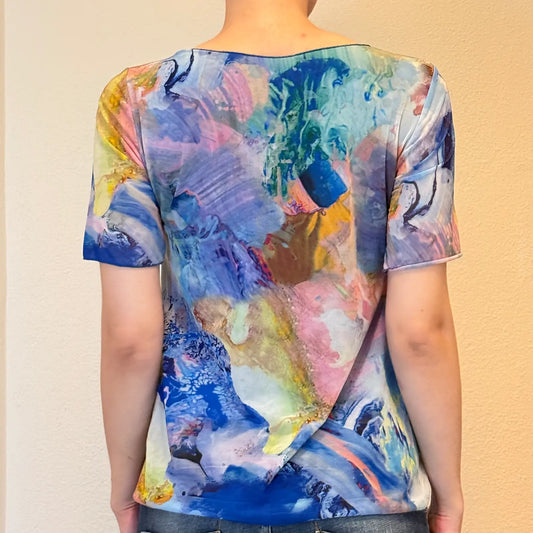 Abstract Print Mesh Top – Colorful Y2K Vintage Art Shirt (S)
