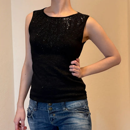 Y2K Black Sequin Knit Tank Top – Vintage Glam Party Style (S)