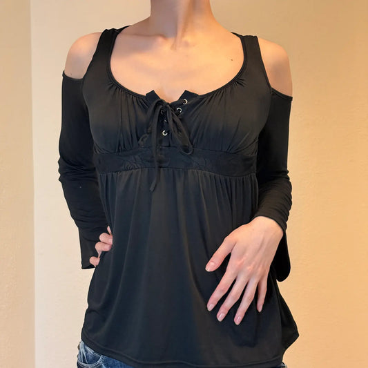 Y2K Gothic Cold Shoulder Black Lace-Up Top – Long Sleeve (S)