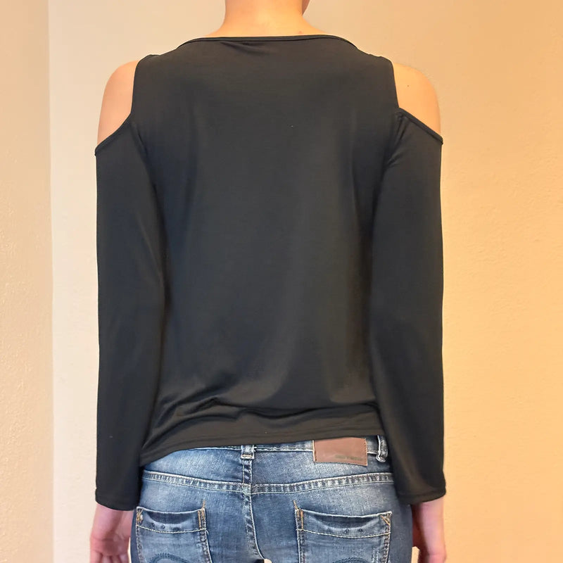 Y2K Gothic Cold Shoulder Black Lace-Up Top – Long Sleeve (S)