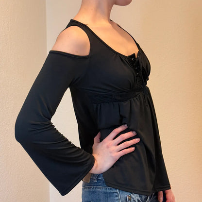 Y2K Gothic Cold Shoulder Black Lace-Up Top – Long Sleeve (S)