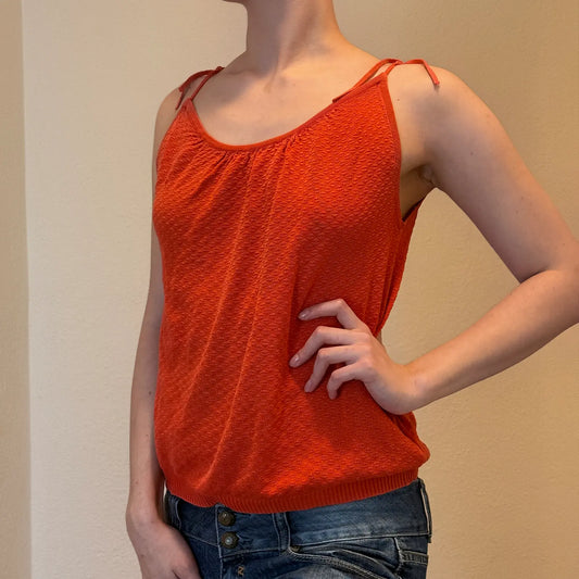 Y2K Orange Knit Tank Top with Tie Straps – Vintage Summer Cami (M)