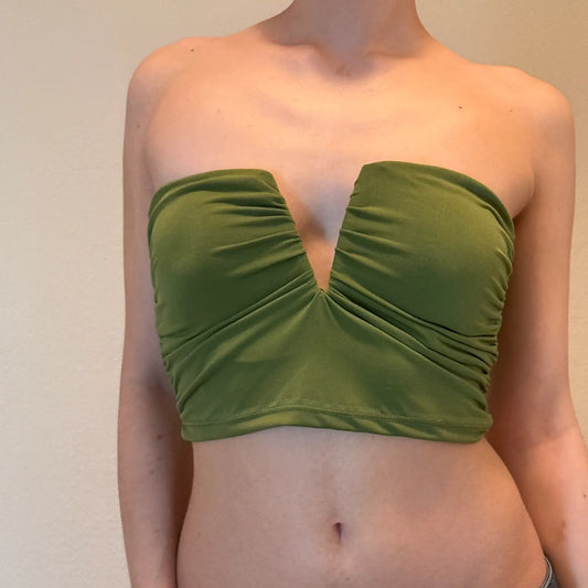 Y2K Green Strapless V-Cut Crop Top – Plunge Bandeau Clubwear (S)
