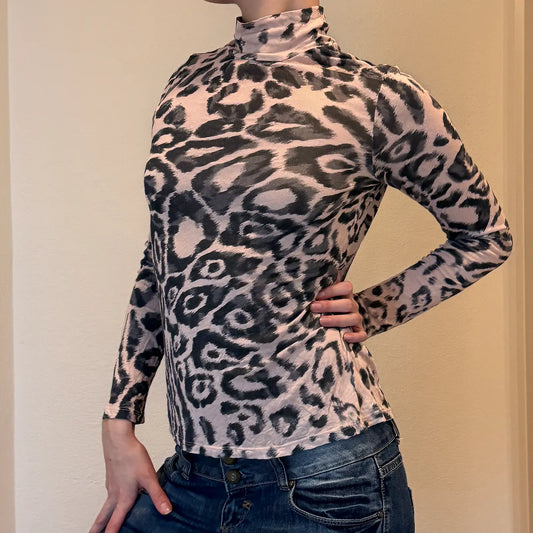 Leopard Print Mesh Turtleneck Long Sleeve Top – Sheer Stretch Y2K Clubwear (M)