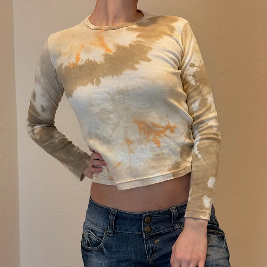 Vintage Y2K Tie-Dye Long Sleeve Crop Top – Beige & Orange (S)