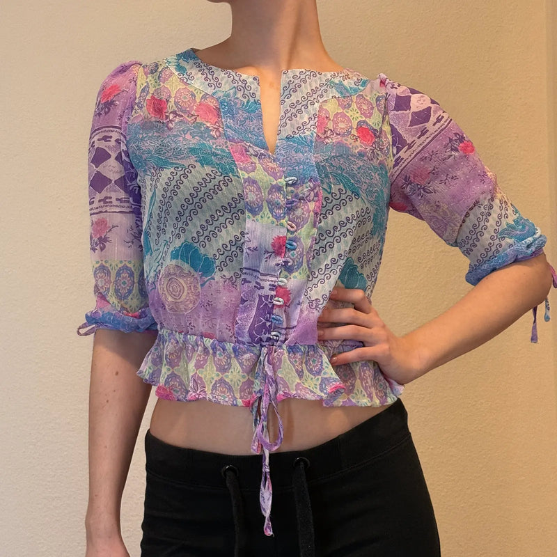 2000s Y2K Sheer Boho Mesh Blouse – Fairycore Festival Top (S)