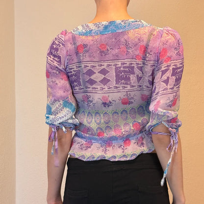 2000s Y2K Sheer Boho Mesh Blouse – Fairycore Festival Top (S)