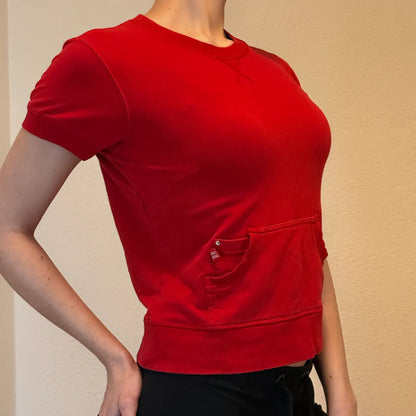 Y2K Red Fitted T-Shirt with Pocket – Sporty Retro 2000s (S)