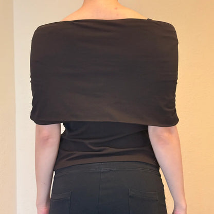 Retro Off-Shoulder Black Top – Minimalist Evening Blouse (S)