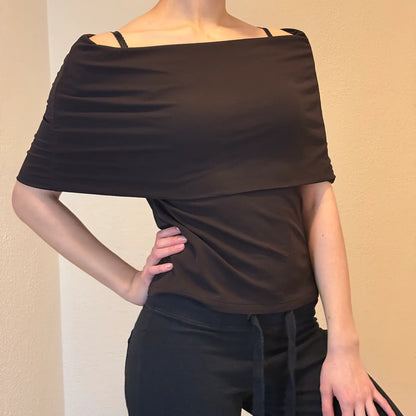 Retro Off-Shoulder Black Top – Minimalist Evening Blouse (S)