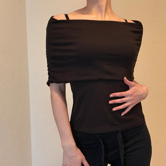 Retro Off-Shoulder Black Top – Minimalist Evening Blouse (S)