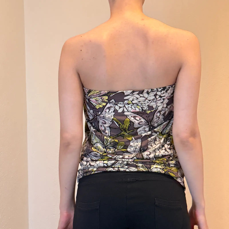 Miss Sixty Y2K Strapless Tube Top – Butterfly Floral Print, Ruched Bust (S/M)