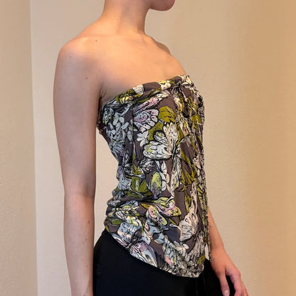 Miss Sixty Y2K Strapless Tube Top – Butterfly Floral Print, Ruched Bust (S/M)