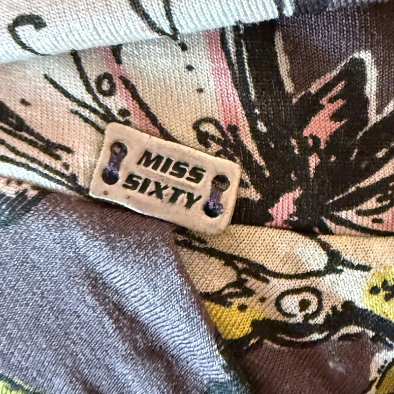 Miss Sixty Y2K Strapless Tube Top – Butterfly Floral Print, Ruched Bust (S/M)