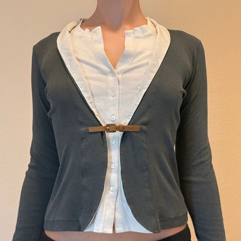 Y2K Preppy Layered Look Cardigan with Buckle Closure – Grey & White (S)