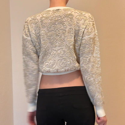Vintage Etched Pattern Cropped Sweater – Cream & Gold (S)