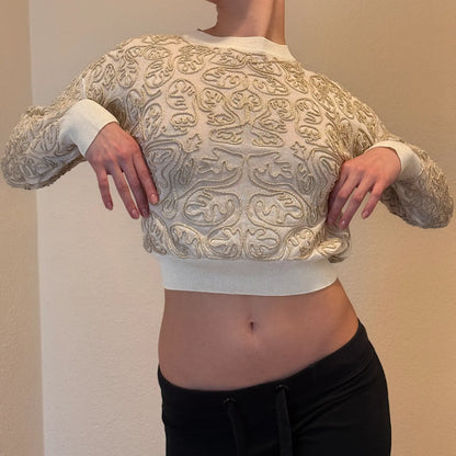 Vintage Etched Pattern Cropped Sweater – Cream & Gold (S)