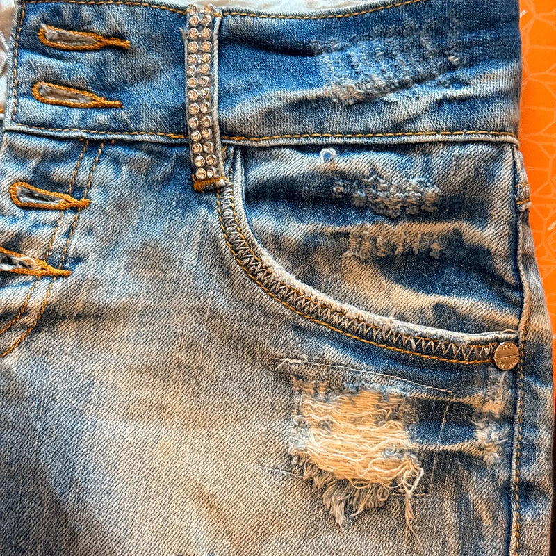 2000s style Rubacuori Luxury Distressed Rhinestone Denim Mini Skirt (S)