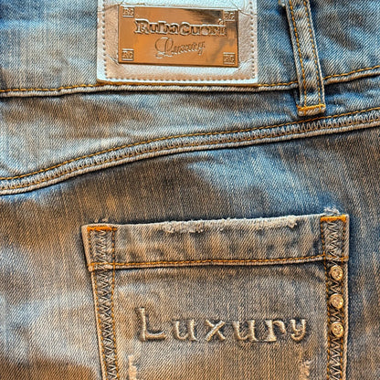 2000s style Rubacuori Luxury Distressed Rhinestone Denim Mini Skirt (S)