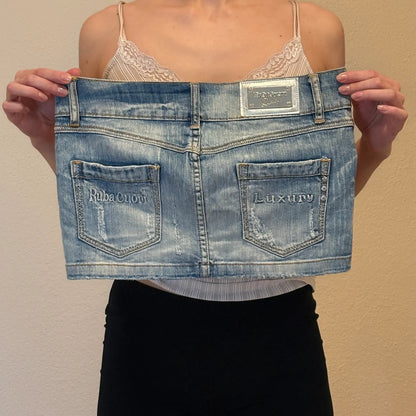 2000s style Rubacuori Luxury Distressed Rhinestone Denim Mini Skirt (S)