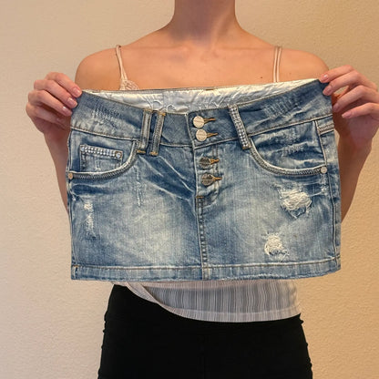 2000s style Rubacuori Luxury Distressed Rhinestone Denim Mini Skirt (S)