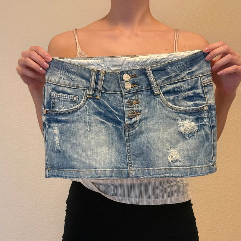 2000s style Rubacuori Luxury Distressed Rhinestone Denim Mini Skirt (S)