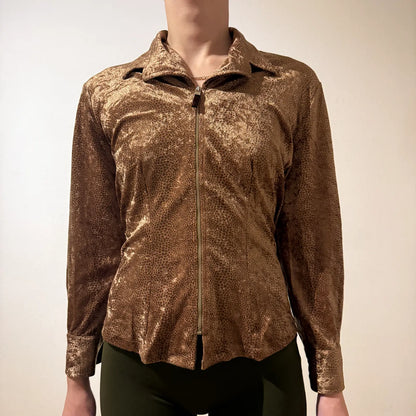 Bronze Velour Zip-Up Top – Vintage Y2K Lounge Chic (S)