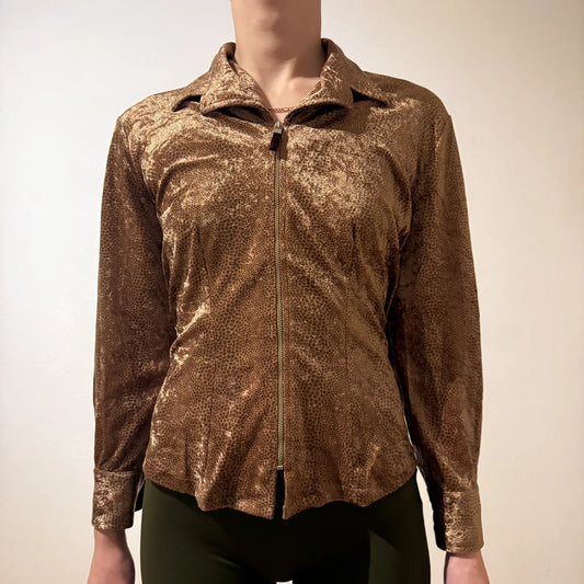 Bronze Velour Zip-Up Top – Vintage Y2K Lounge Chic (S)