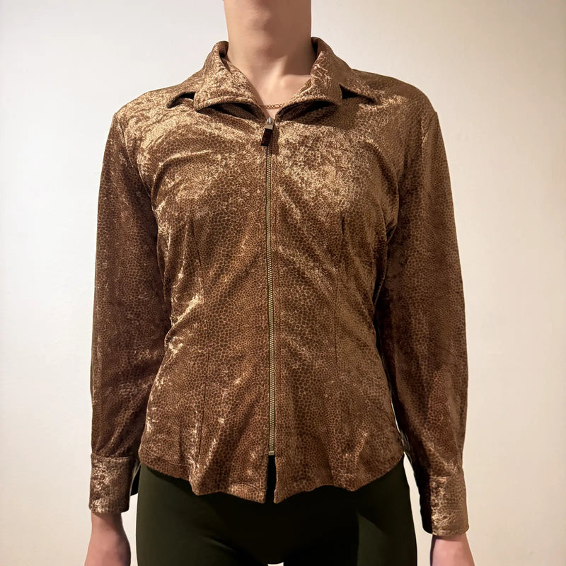 Bronze Velour Zip-Up Top – Vintage Y2K Lounge Chic (S)