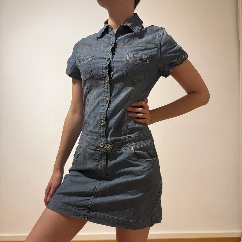 Denim Button-Up Mini Dress – Vintage Y2K Casual Chic (S)