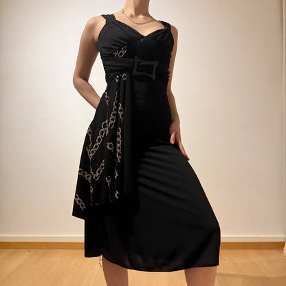 Asymmetric Black Midi Dress – Vintage Y2K Evening Glam (S)