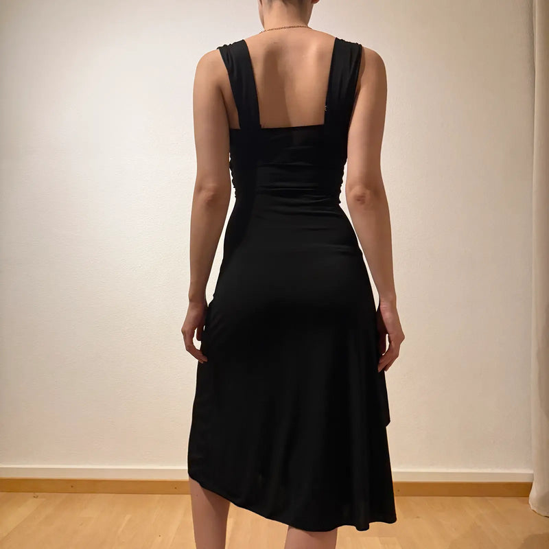 Asymmetric Black Midi Dress – Vintage Y2K Evening Glam (S)