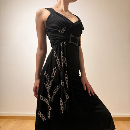 Asymmetric Black Midi Dress – Vintage Y2K Evening Glam (S)