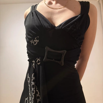 Asymmetric Black Midi Dress – Vintage Y2K Evening Glam (S)