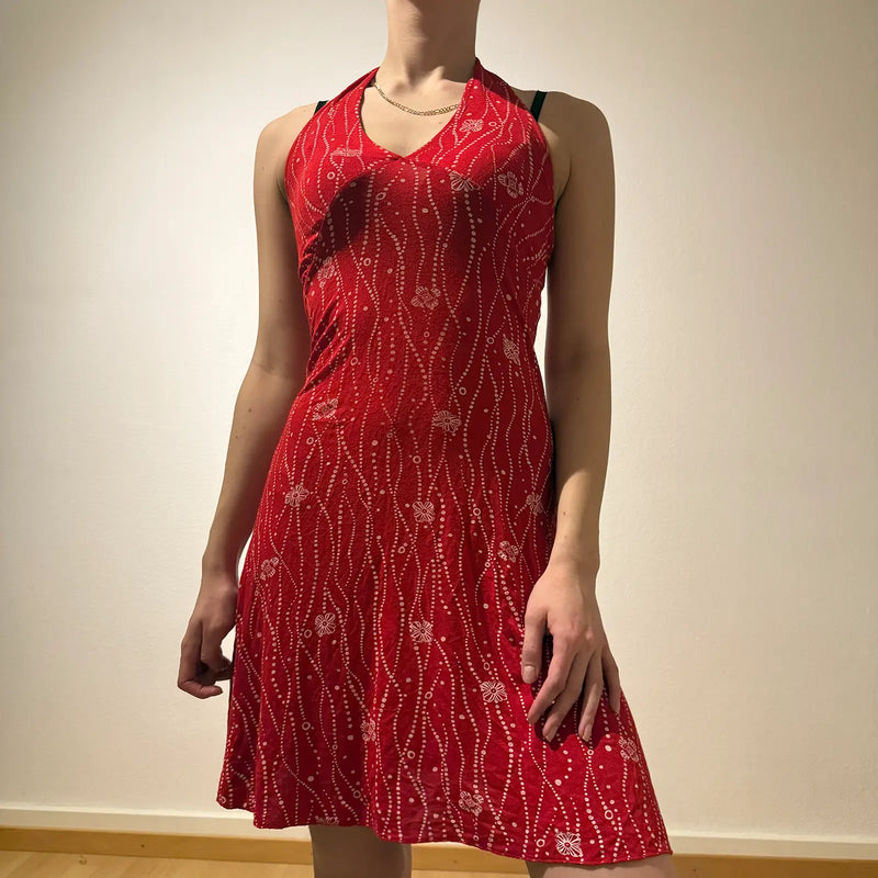 Red Halter Neck Mini Dress – Vintage Y2K Shimmer Party Look (S)
