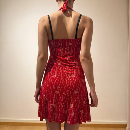 Red Halter Neck Mini Dress – Vintage Y2K Shimmer Party Look (S)