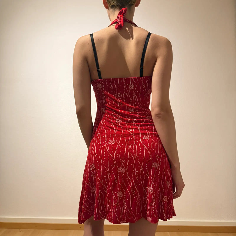 Red Halter Neck Mini Dress – Vintage Y2K Shimmer Party Look (S)