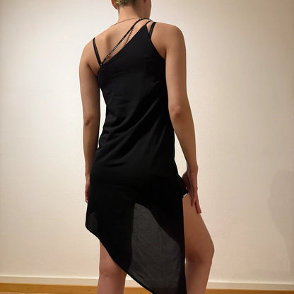Asymmetric Black Mini Dress – Vintage Y2K High-Low Cut (S)