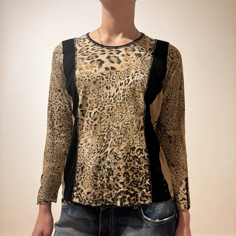 Leopard Print Long Sleeve Top – Vintage Y2K Style (S)