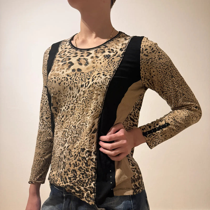 Leopard Print Long Sleeve Top – Vintage Y2K Style (S)