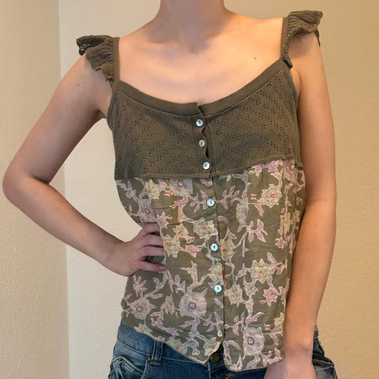 Y2K Cottagecore Floral Button-Up Camisole – Olive & Lilac Boho Top (S/M)